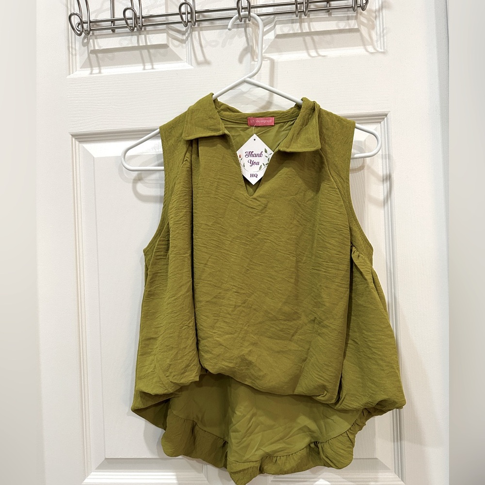 Olive green sleeveless collared top